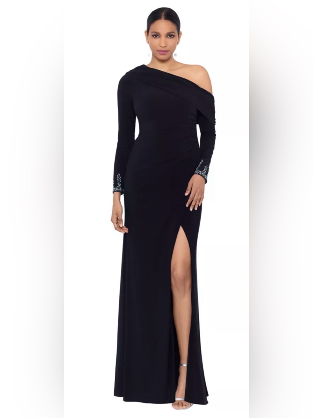 Betsy And Adam One-Shoulder Evening Gown With Slit And Beaded Sleeves Sz 16